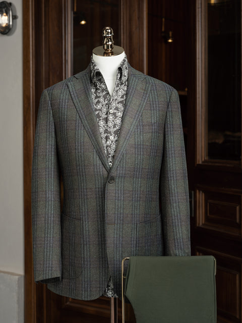 Gray, green, navy plaid wool & hunter green combo